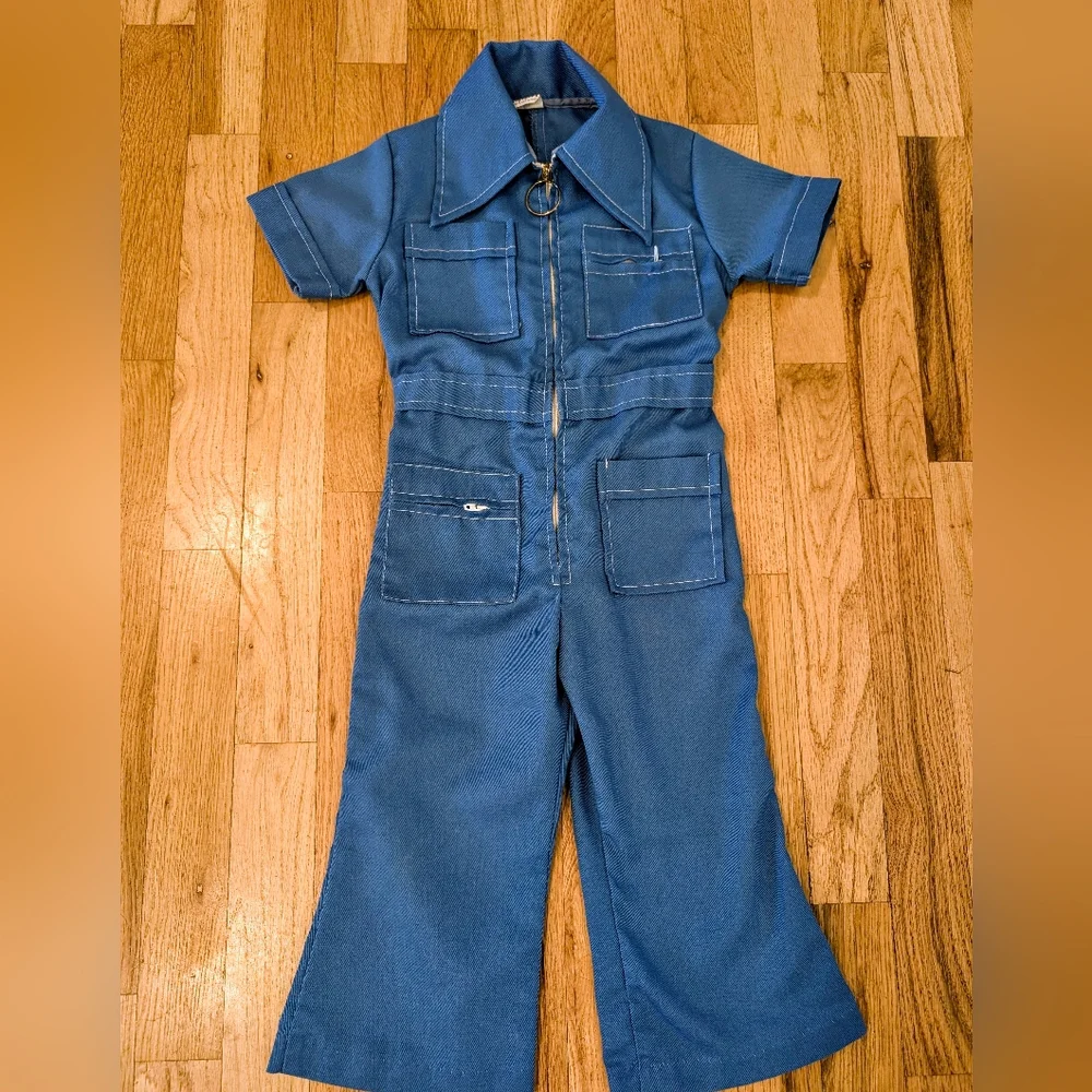 Vintage Jumpsuit Toddler 3T Blue Romper Retro Disco Montgomery Ward Made USA 70s